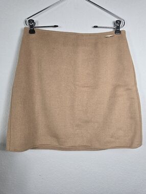 Elie Tahari Camel Wool Mini Skirt Size 10 Gold Bar Tailored Career Chic Neutral